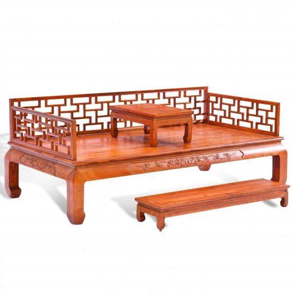 明清古典仿古红花梨色鸡翅万字格子中式实木山水草龙雕花罗汉床