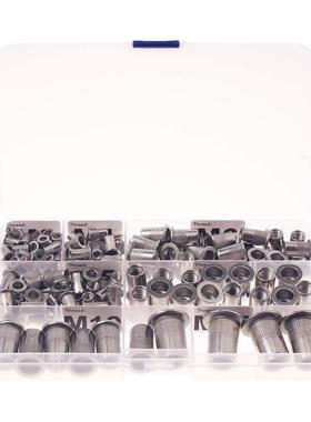 跨境155PCS盒装7种尺寸304不锈钢铆钉螺纹平头拉铆螺母