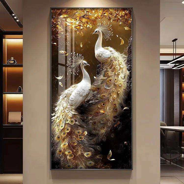 轻奢高级现代入户玄关灯光装饰画竖版壁画正对门走廊过道孔雀挂画