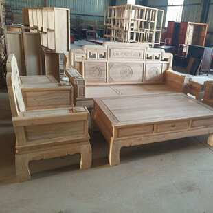 仿古实木家具沙发组合白胚坯茬禅意实木客厅 工厂北方老榆木