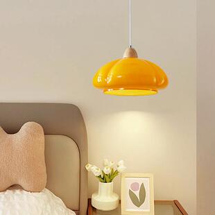 餐厅吊灯原木奶油风卧室床头灯中古风日式复古南瓜餐桌岛台吧台灯