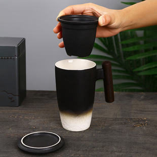 黑白山海大容量办公杯子茶水分离杯男士 泡茶杯带盖过滤陶瓷马克杯