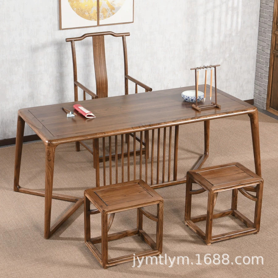 老榆木茶桌家用组合式吃饭餐桌榆木家具长方形办公桌复古卧室书桌
