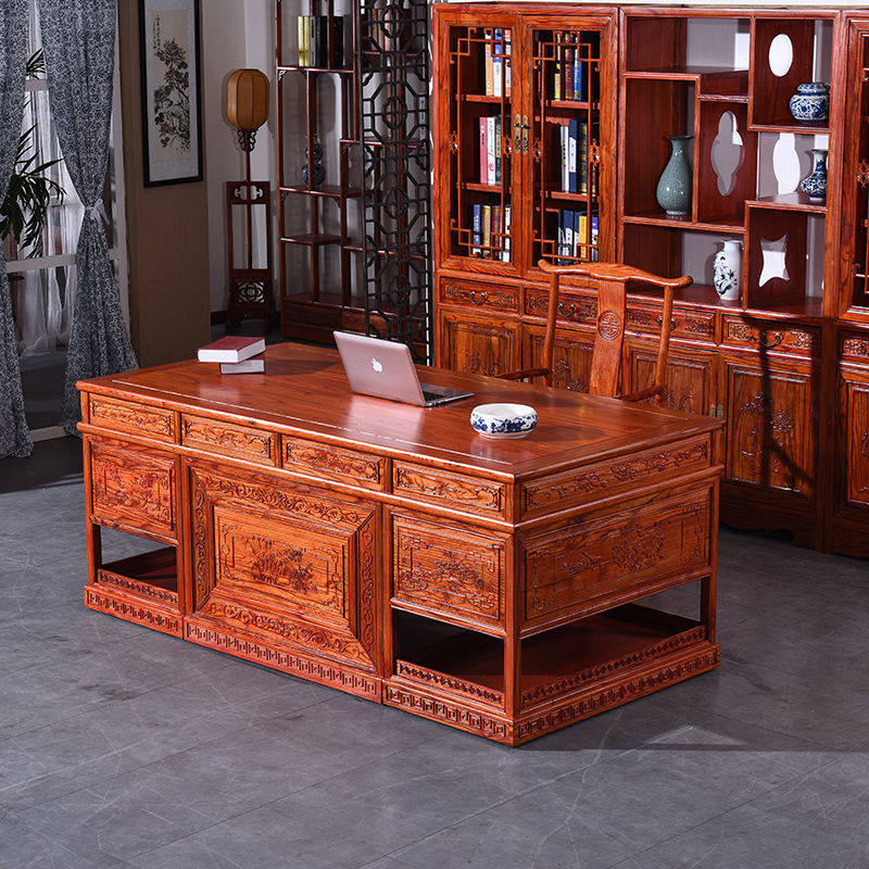 新中式实木花鸟办公桌南榆木明清古典花电脑桌书法桌老板书桌