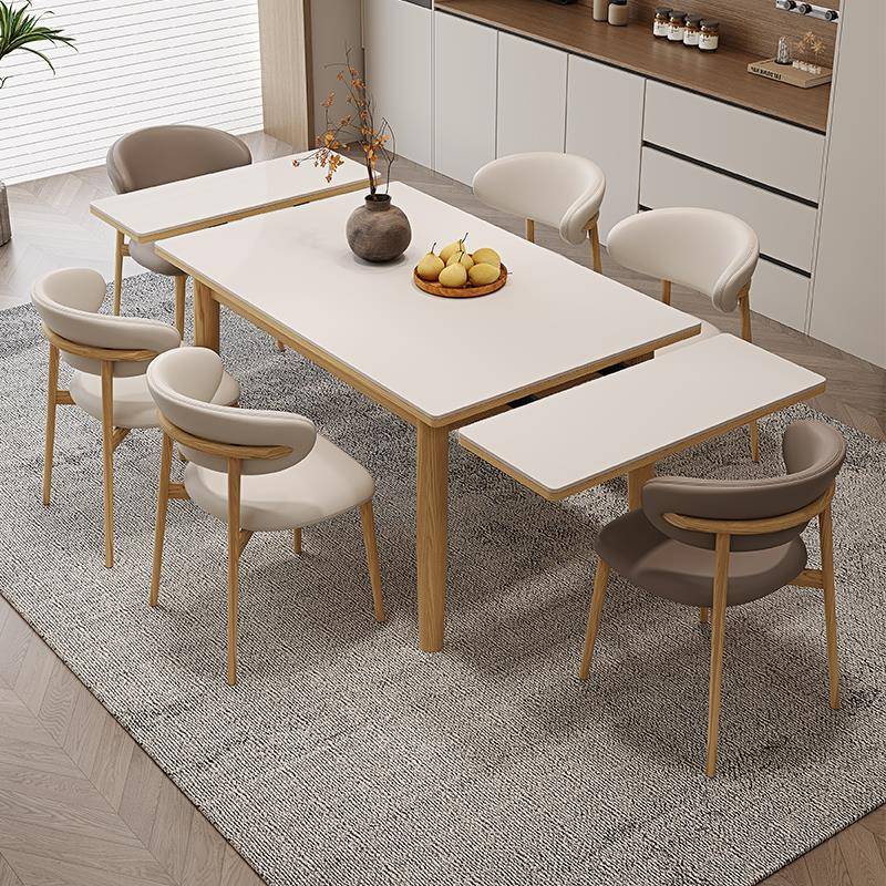 德利丰岩板伸缩餐桌椅原木奶油风家用小户型实木折叠长方形饭桌