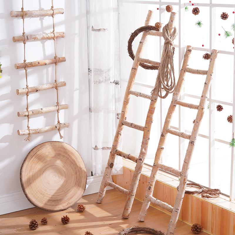 桦木实木梯子森林原木装饰墙挂绳地板站立的装饰品覆古怀旧的幼儿