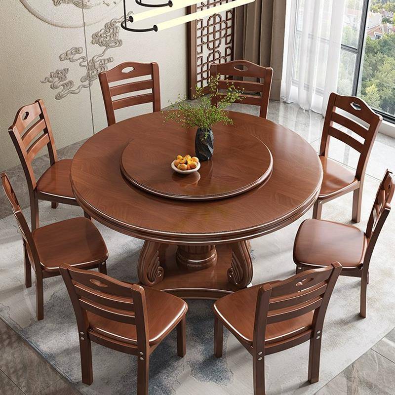 新中式实木餐桌椅家用小户型带转盘酒店10人大圆桌饭店圆桌吃饭桌