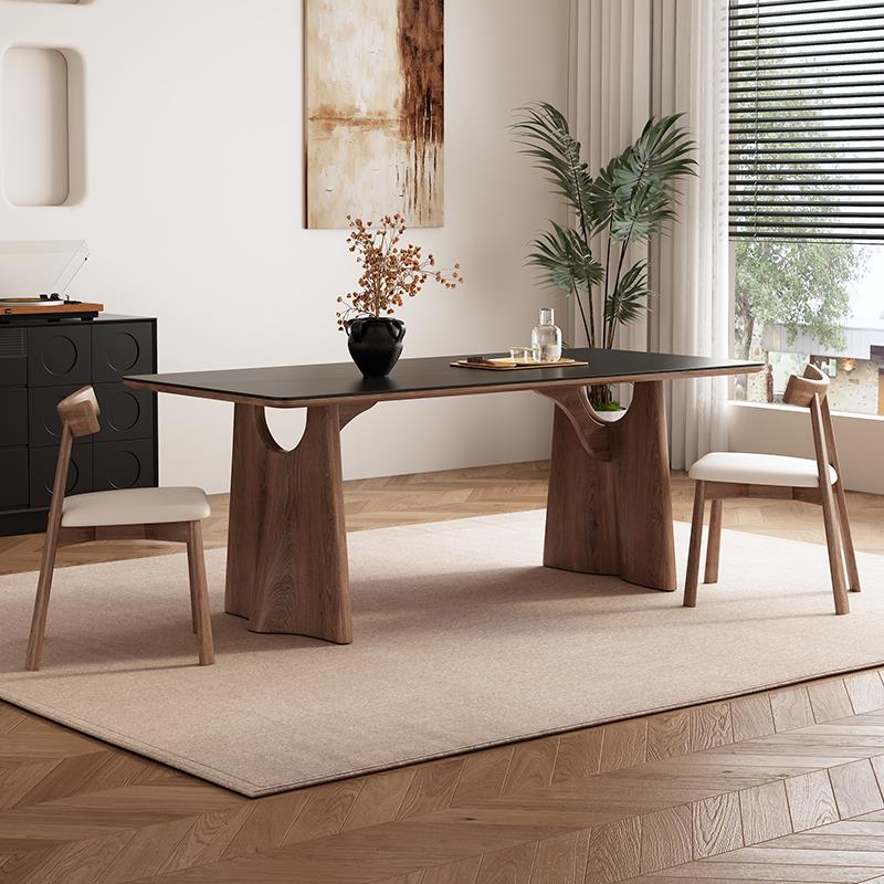复古黑色岩板餐桌小户型现代简约中古风长方形家用胡桃色实木餐桌