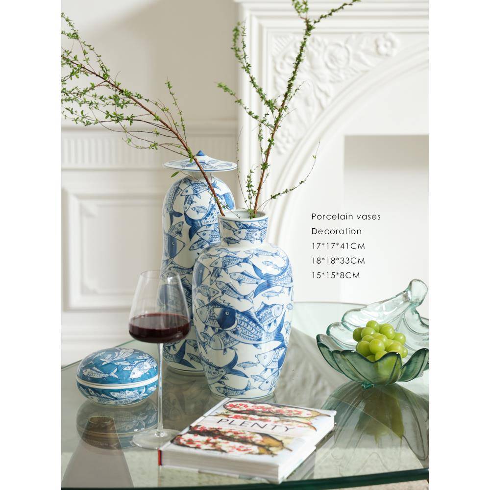 若奈东方巴黎格里斯叶青花瓷“年年多”新款中国风花瓶套入口摆件