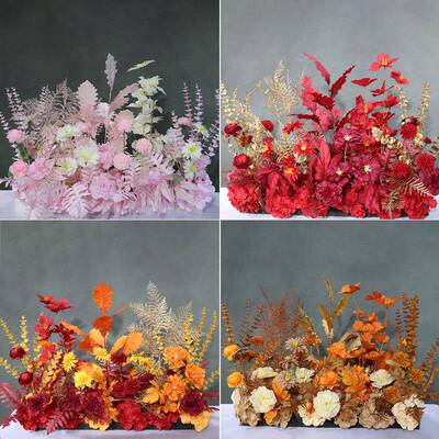 婚庆婚礼布置仿真花排中式婚礼舞台路引婚礼布置香槟色地排花假花