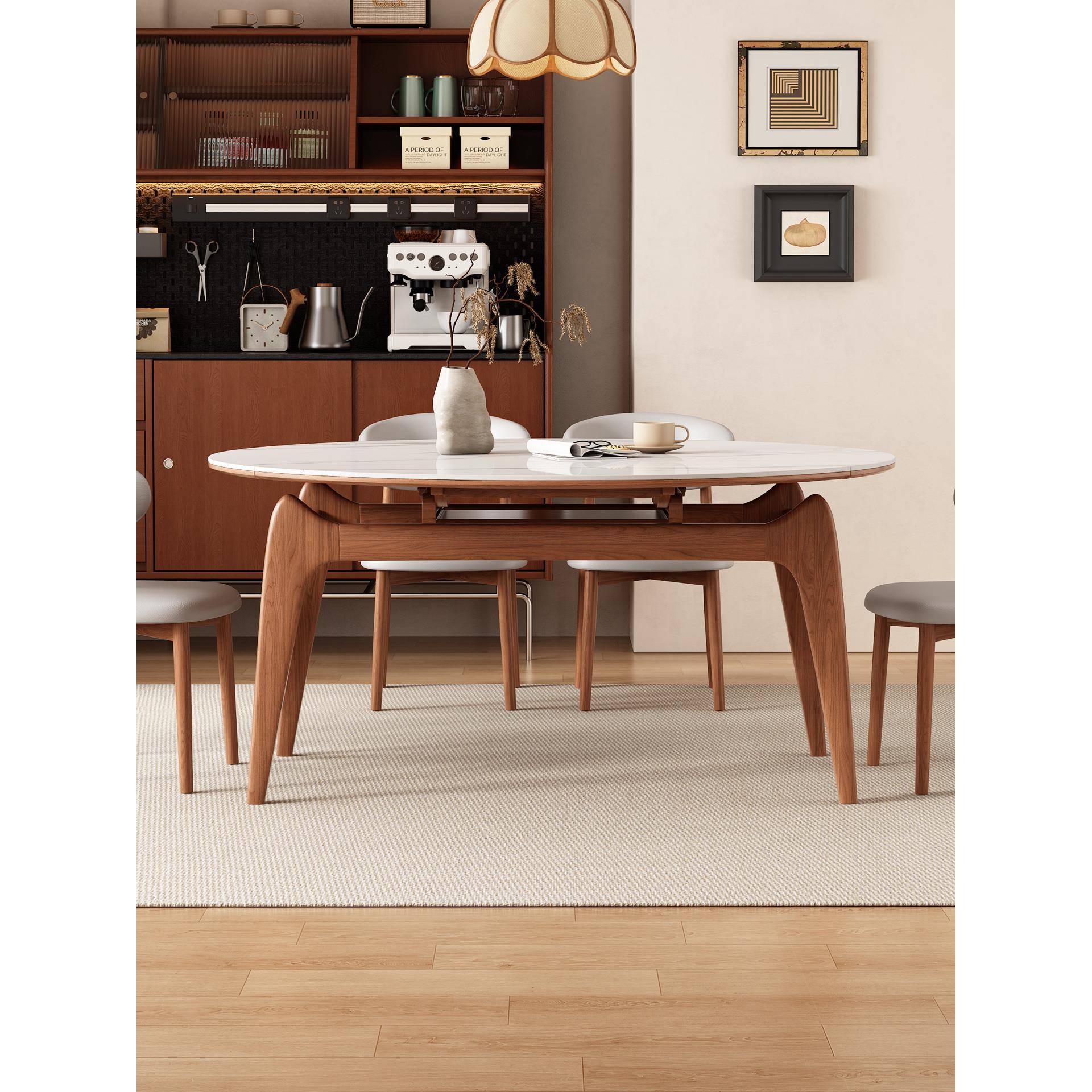 猫耳朵餐桌岩板餐桌椅2025新款家用客厅中古风伸缩实木可变圆桌子