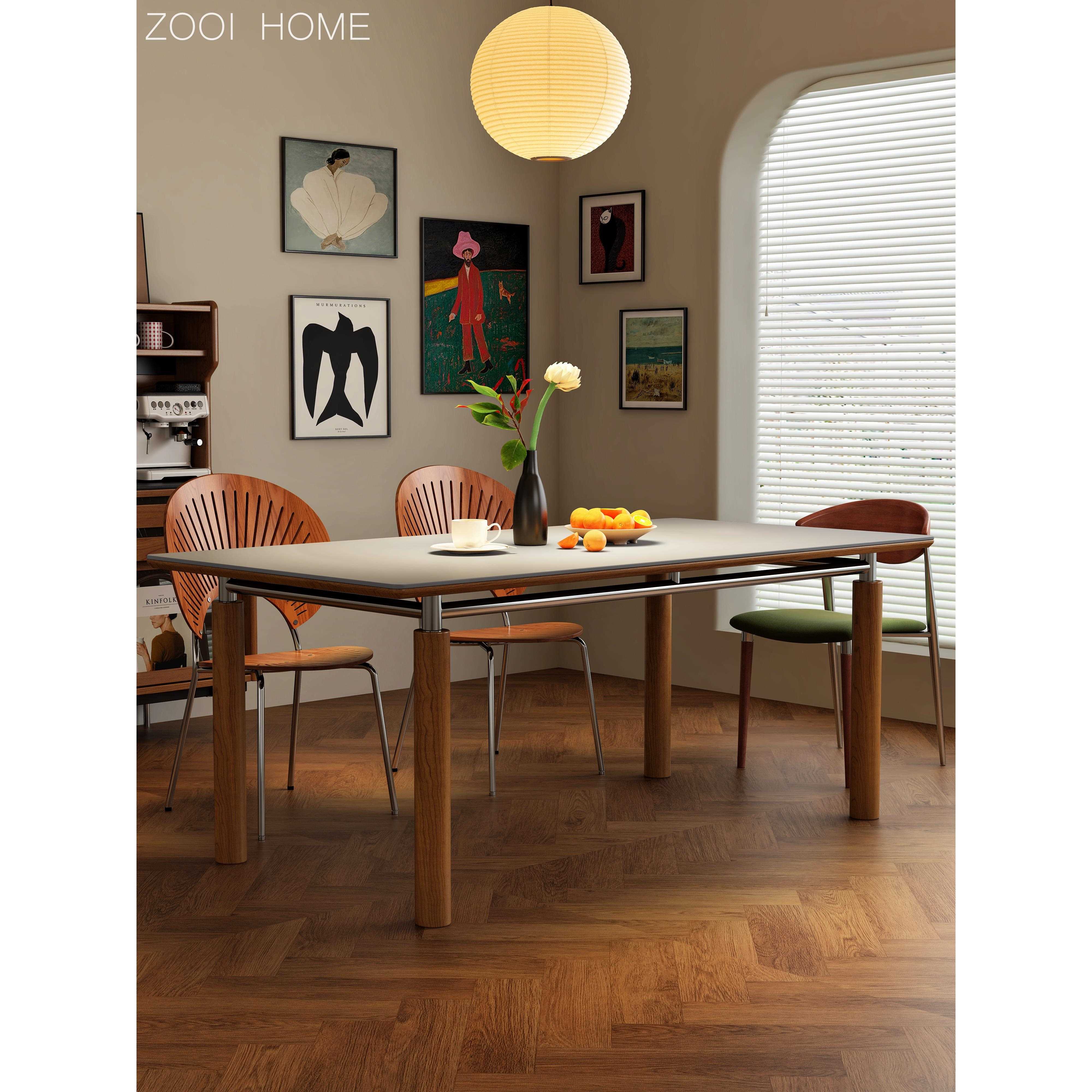 ZOOIHOME维亚长桌中古风长方形餐桌家用设计师小户型实木腿岩板桌