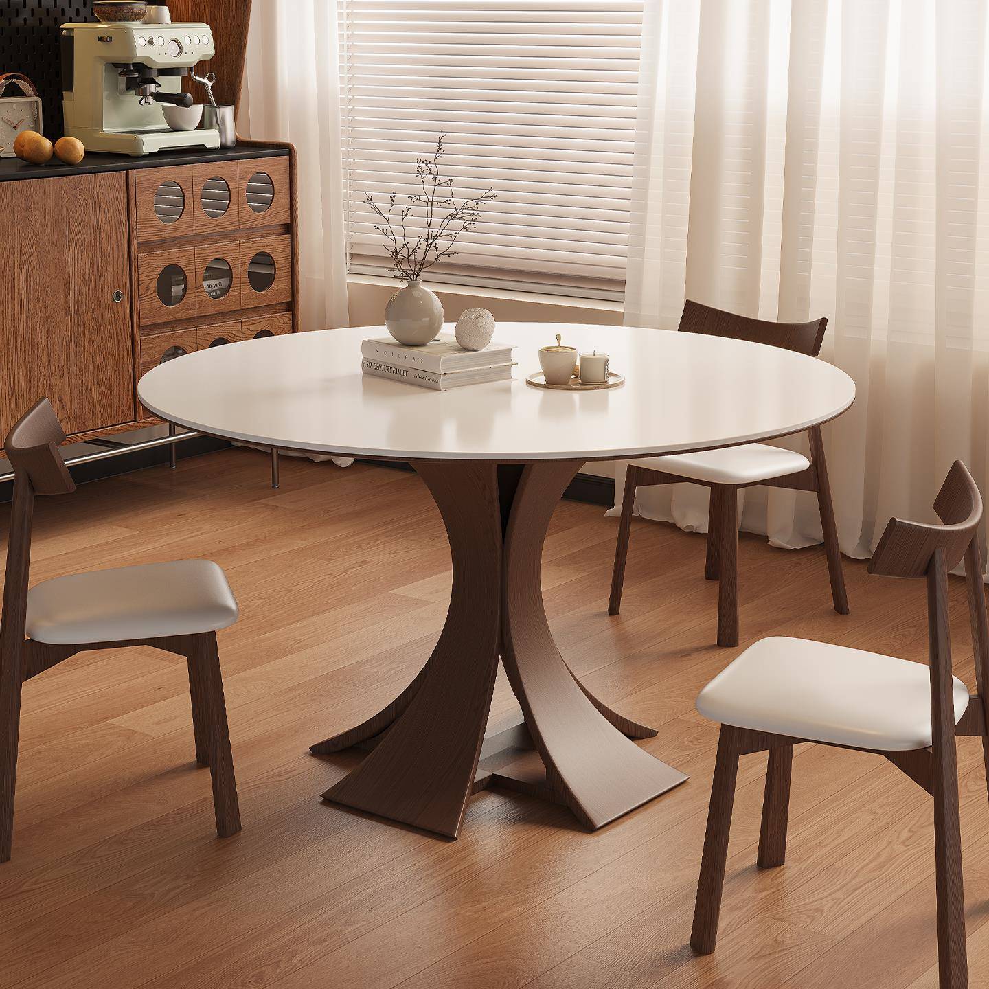 中古风餐桌家用小户型2025年新款覆古纯白岩板实木圆桌饭桌椅组合