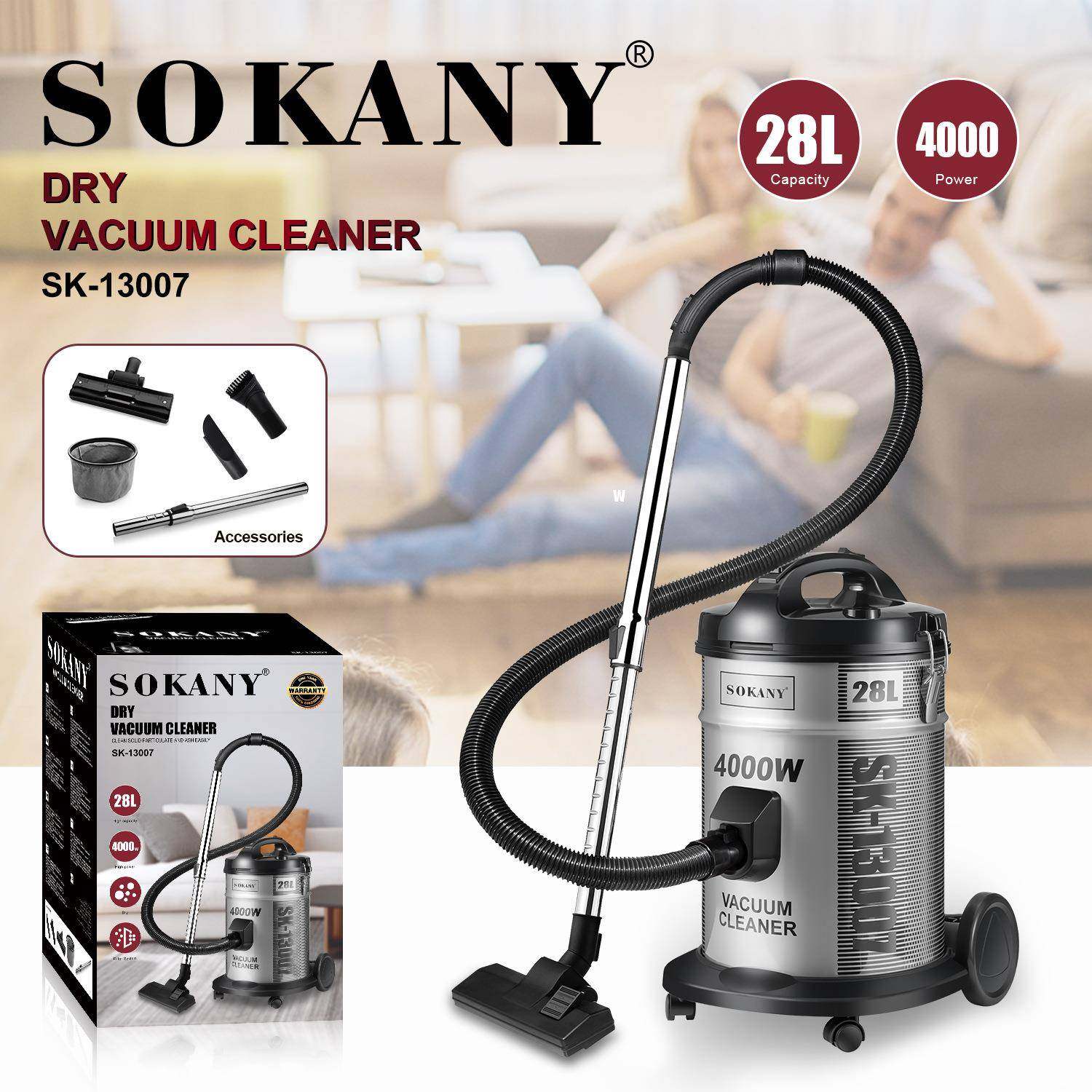 外贸SOKANY13007家用吸尘器28L大容量4000W功率除尘清洁吸尘器