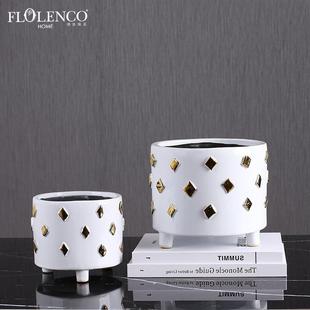 现代简约陶瓷电镀方金盆花瓶客厅样板房家居软装饰品摆件几何形