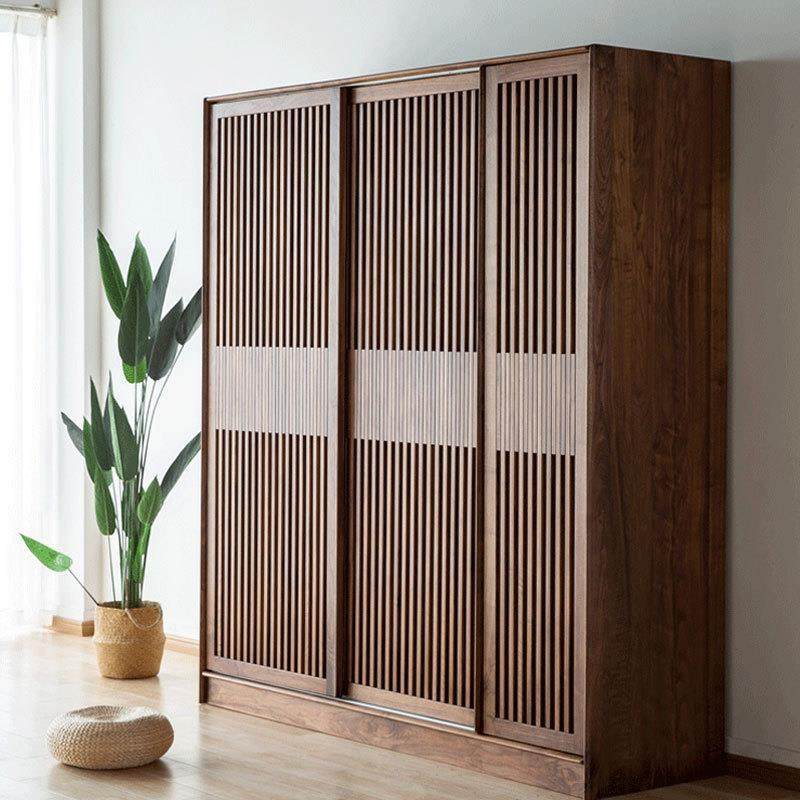 北美黑胡桃衣柜现代简约实木樱桃木推拉门衣橱置物柜日式收纳衣柜
