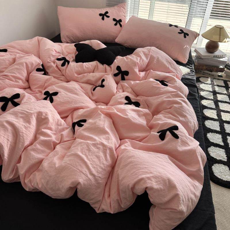 简约少女粉色拼黑色蝴蝶结毛巾绣水洗棉四件套床单宿舍被套三件套