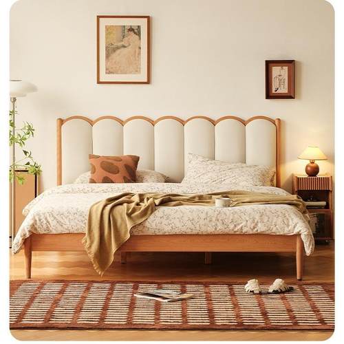 家用卧室小户型实木软包双人床樱桃木复古主卧日和床奶油床头靠垫