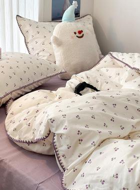 紫色小小樱桃全棉四件套亲肤纯棉少女被套1.5m1.8米裸睡床上用品