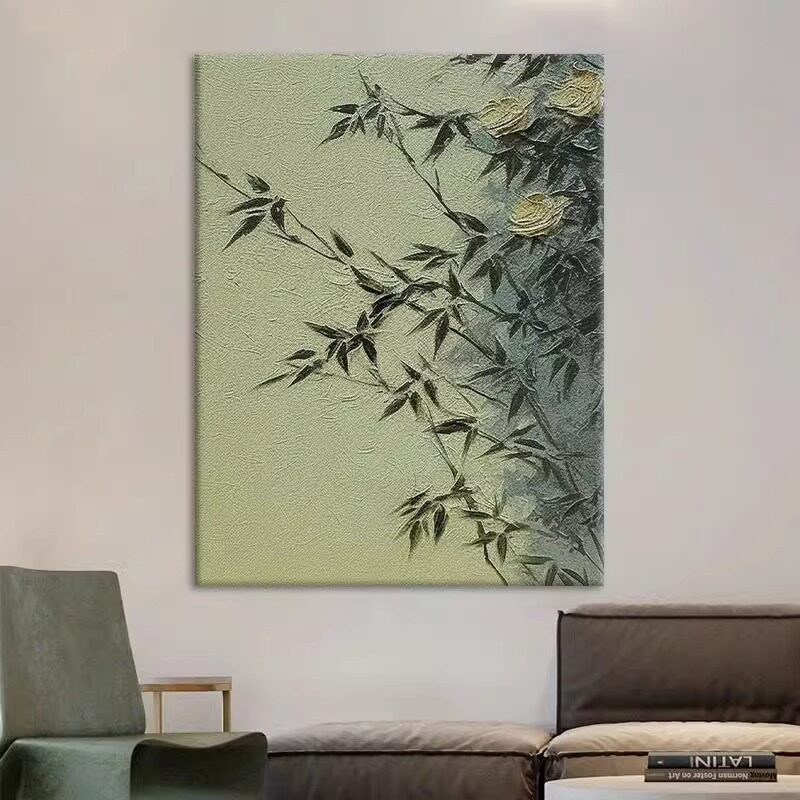 无框画实木内框新中式墨绿色竹子客厅走廊装饰画中古风玄关挂画