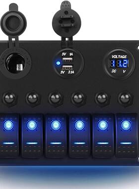 畅销汽车改装12V24VLED电压表双USB6位过载保护开关面板