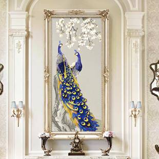 玄关装饰画欧式油画走廊过道竖版壁画美式挂画孔雀油画