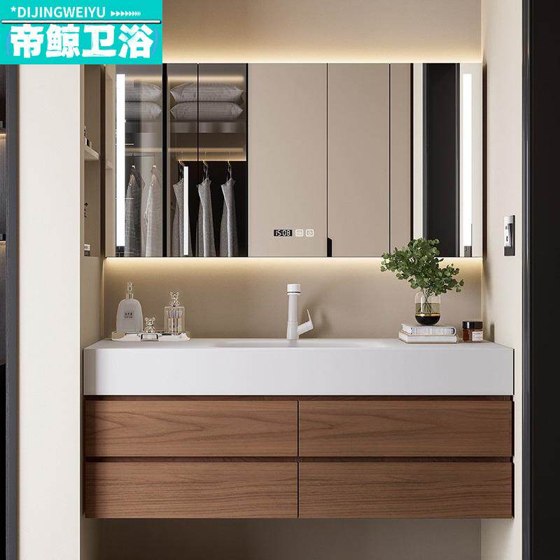 日式原木风浴室柜组合可丽耐一体无缝陶瓷盆卫生间橡木洗脸洗漱台
