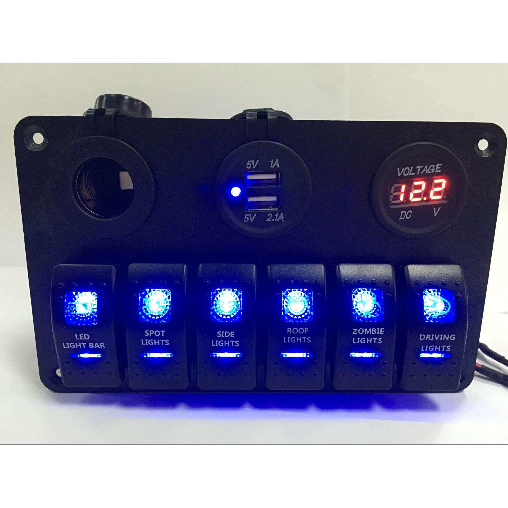 车船改装5PIN双灯6位开关+点烟器座+双USB+电压表组合面板Z