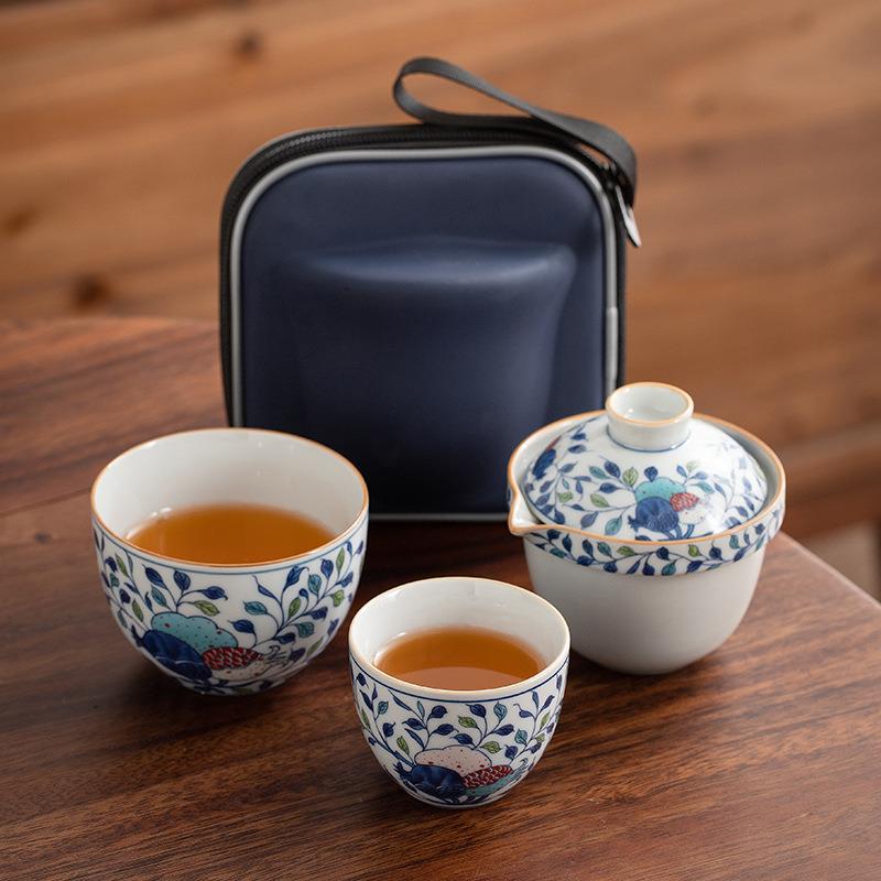 便携式旅行茶具小套装复古青花瓷手抓泡茶壶茶杯简易露营游快客杯