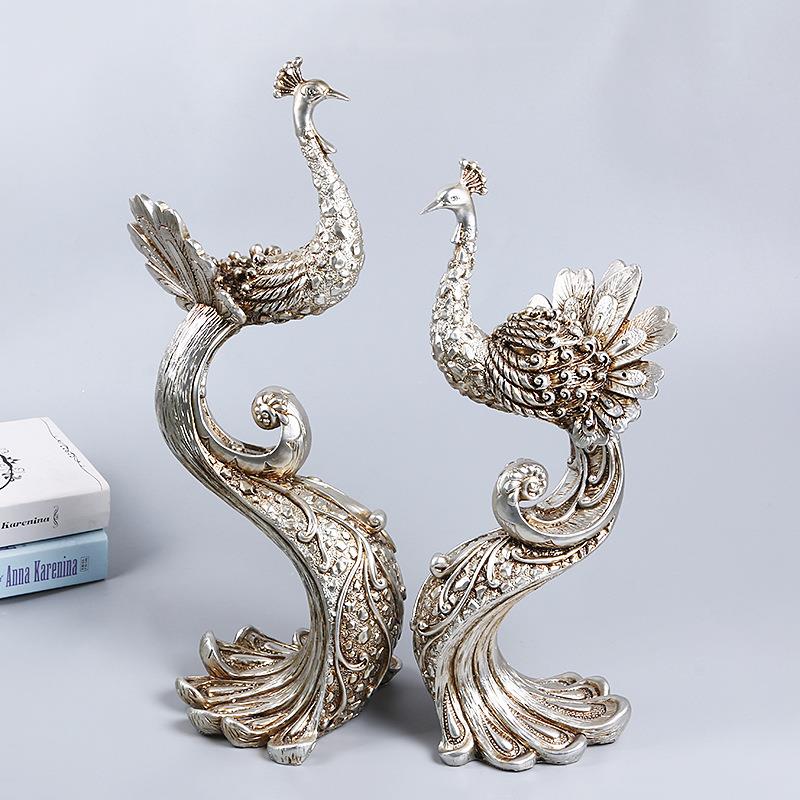 欧式复古古银色孔雀情侣摆件工艺品树脂雕塑桌面装饰品