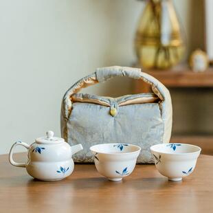 昌朴居纯手绘蝴蝶兰花便携旅行具一壶两杯收纳袋户外手提棉麻布包