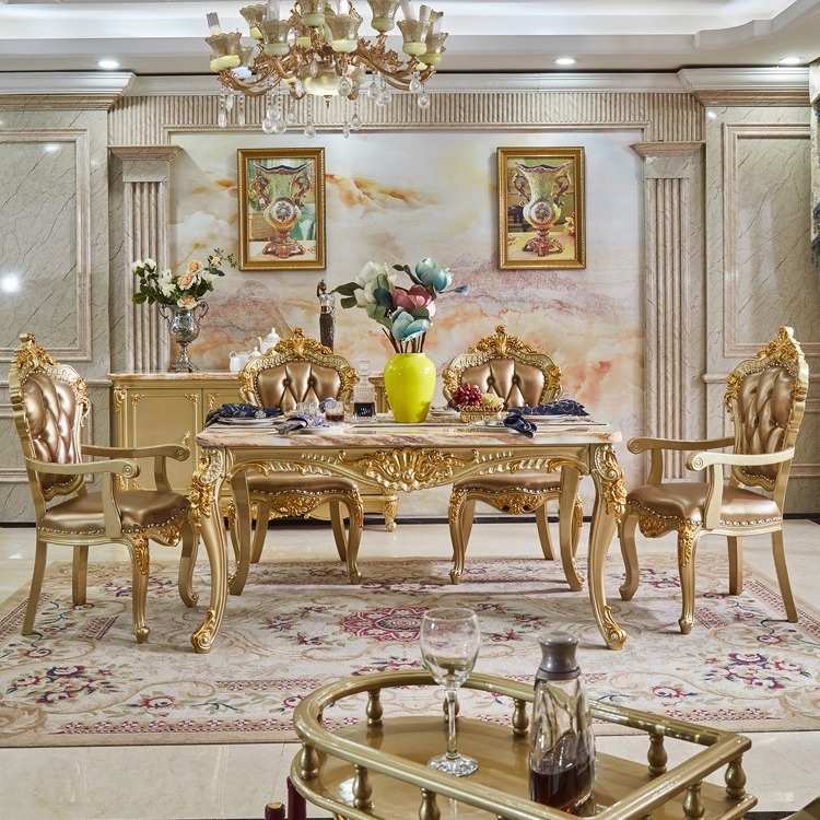 欧式餐桌椅组合长方形大理石全实木雕花餐台小户型家用吃饭桌6人