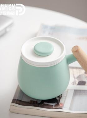 初璞木柄马克杯带盖陶瓷过滤茶杯女家用办公室茶水分离个人泡茶杯