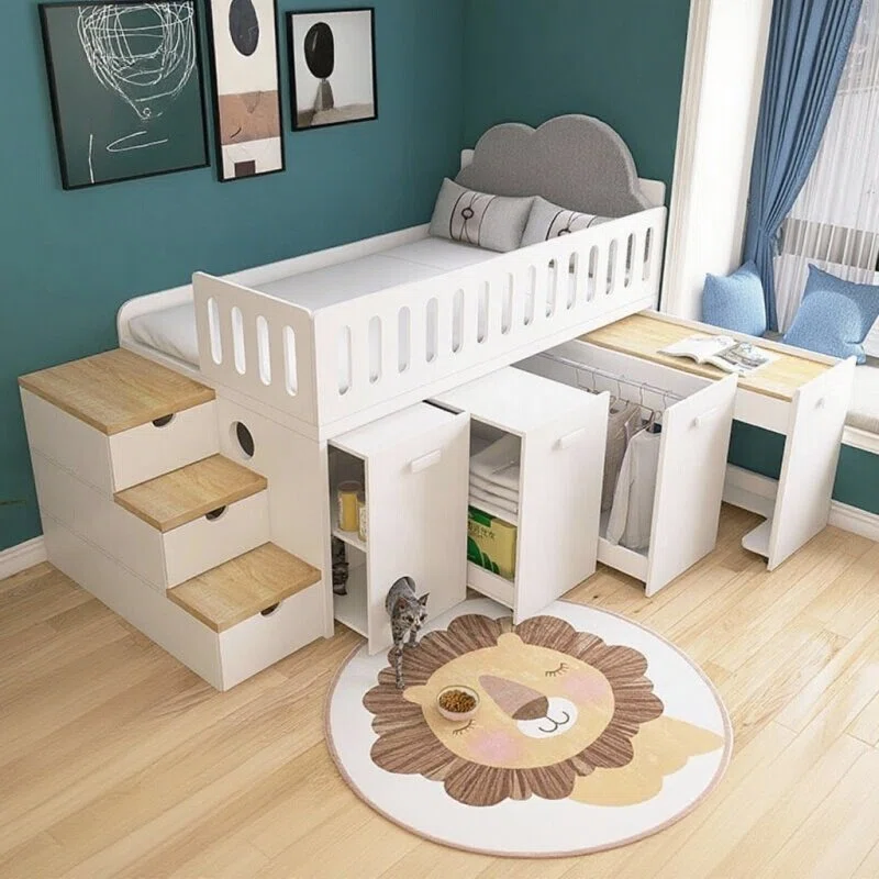 小户型猫窝省空间儿童上床下抽拉衣柜书桌一体储物收纳组合半高床