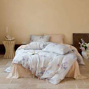 秋季简约法式绉纱系带款四件套朦胧花朵绑带款民宿纯棉床上用品