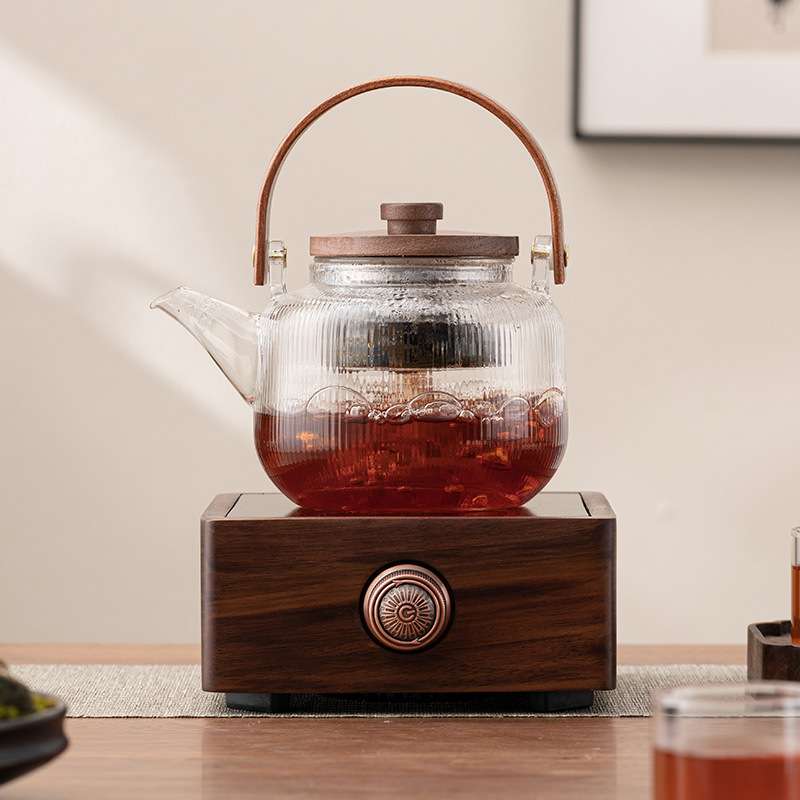 胡桃木电陶炉煮茶器小型电热煮茶炉玻璃烧水壶蒸汽白茶泡茶壶套装