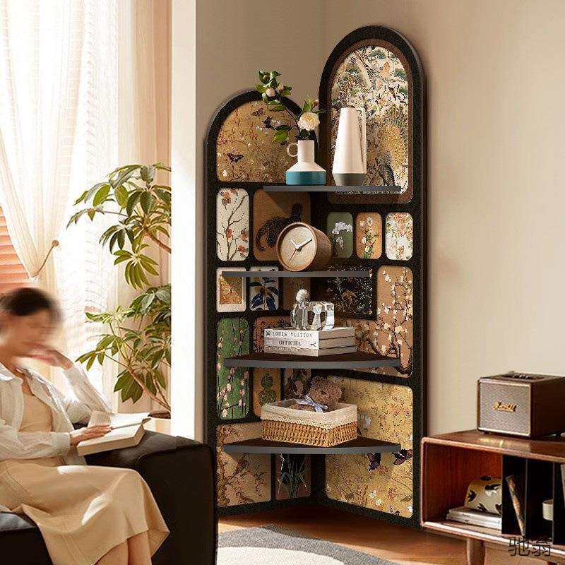 中古风装饰画客厅电视柜旁边转角柜复古置物架多层收纳柜三角柜