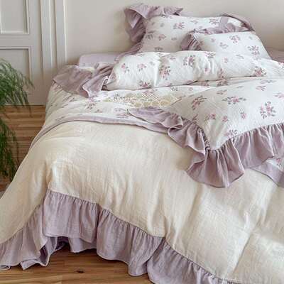 法式浪漫公主风纯棉双层纱四件套小清新碎花被套床单少女床上用品