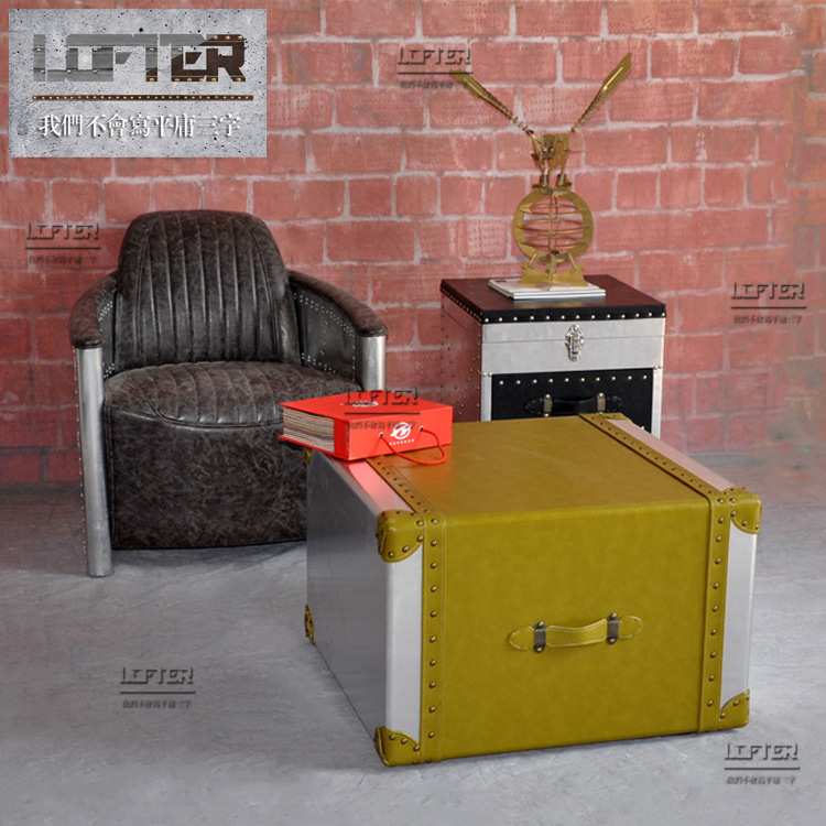 美式乡村皮艺方形个性茶几LOFT工业风航空金属铝皮铆钉咖啡茶几