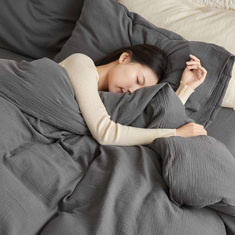 美拉德色系纯色双层纱床单被套四件套全棉纯棉床笠三件套床