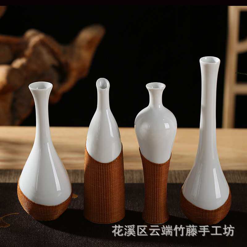 中式创意非遗手工瓷胎竹编工艺竹丝扣瓷茶室摆件花瓶梅瓶茶桌花器