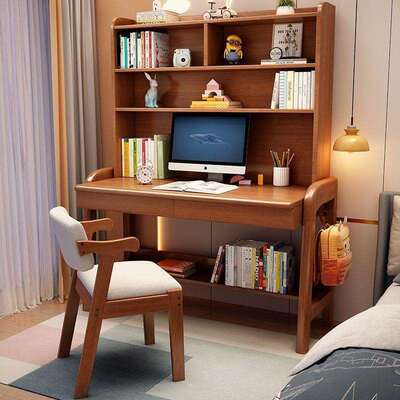 实木书桌书架一体家用卧室台式电脑桌中小学生初中生写字桌子原木