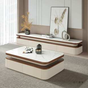 新款中古风岩板茶几客厅家用奶油风极简落地茶几电视柜组合微晶石