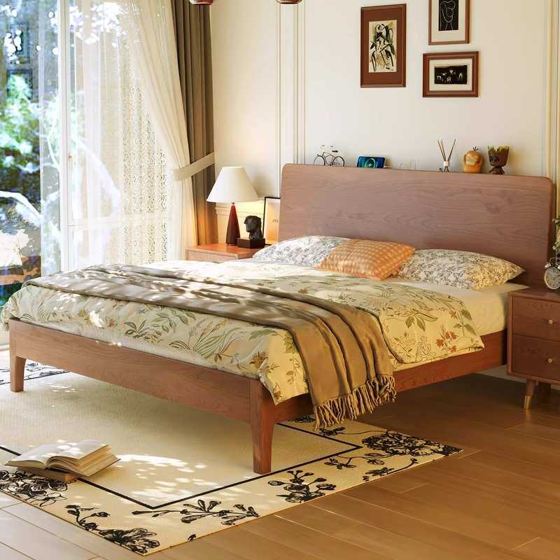 樱桃木实木单人床1米5主卧室1米5小户型木床法式中古风木头床家用