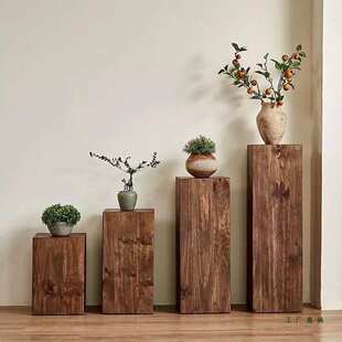 实木方形花架墩子家用客厅玄关茶几复古民宿装饰原木木桩底座摆件