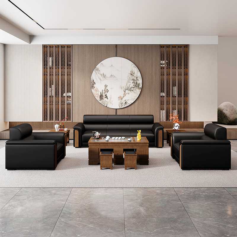 办公室沙发茶几组合简约商务接待区会客茶台一体式皮艺三人位黑色