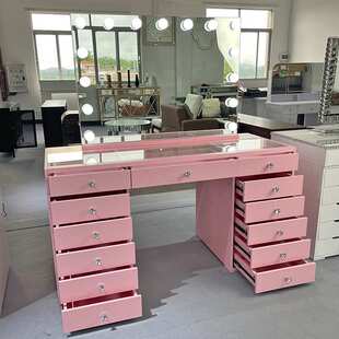现货粉色大梳妆台收纳柜一体家用好莱坞镜带灯大容量13斗柜化妆桌
