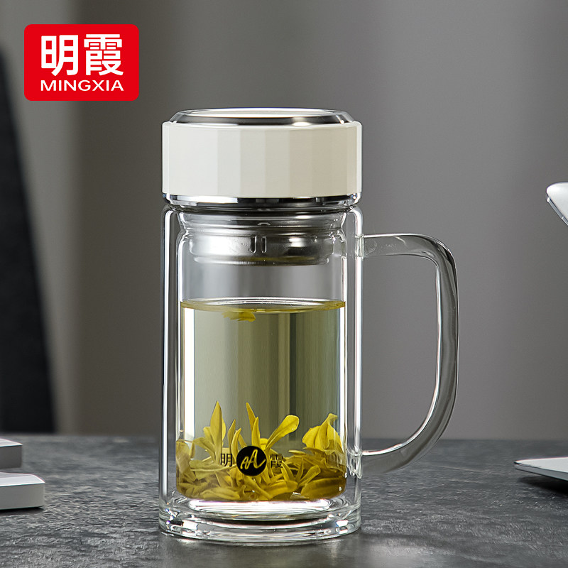 双层玻璃杯2024新款男士商务带把手水杯办公室茶杯耐高温带盖杯子
