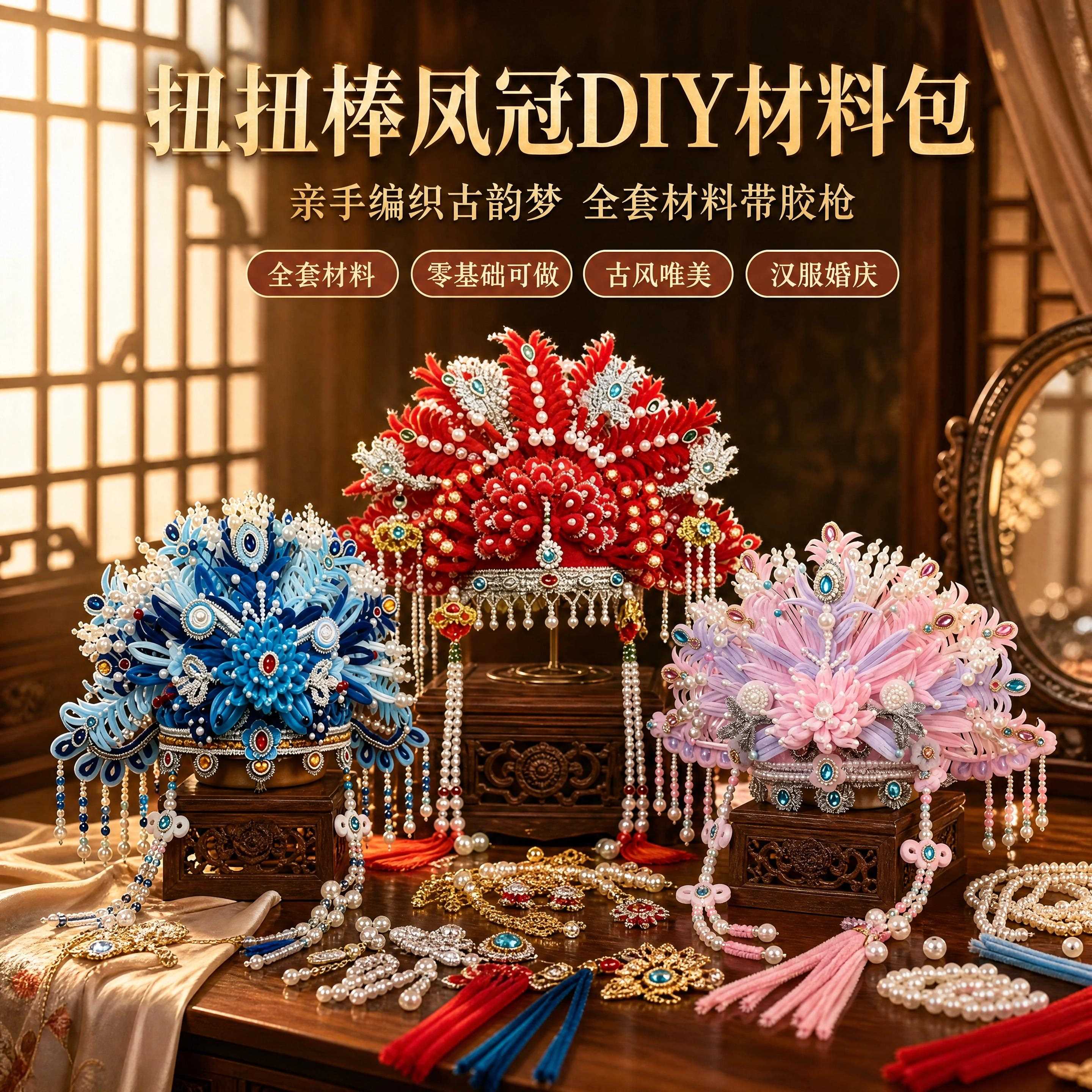 粉黛扭扭棒凤冠手工diy材料包头饰红色帽子自制发冠拍照道具神器6