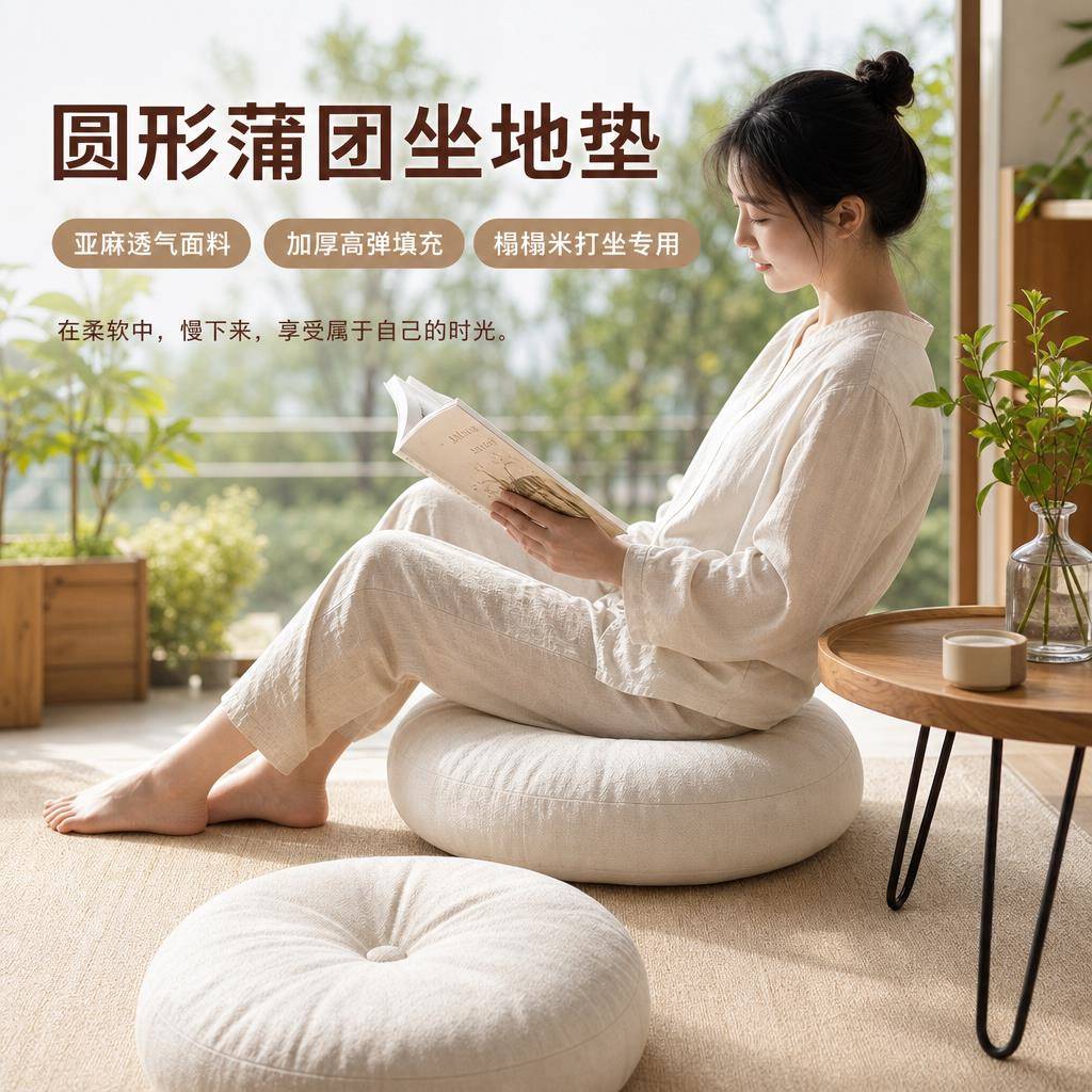 亚麻蒲团坐垫加厚圆形布艺阳台日式榻榻米飘窗瑜伽地板大号打坐垫